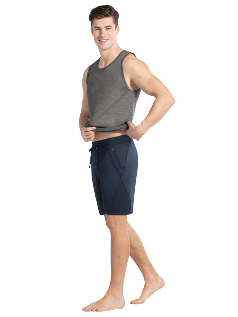 Men's Microfiber Elastane Stretch Straight Fit Solid Shorts with Zipper Pockets and Stay Fresh Treatment - Navy