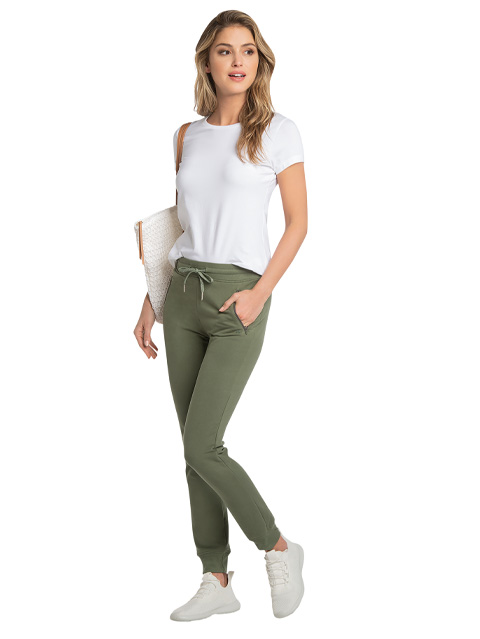 Women's Super Combed Cotton Elastane French Terry Slim Fit Joggers With Zipper Pockets - Beetle