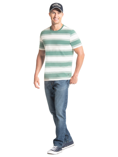 Men's Super Combed Cotton Rich Striped Round Neck Half Sleeve T-Shirt - Ecru & Green Spruce