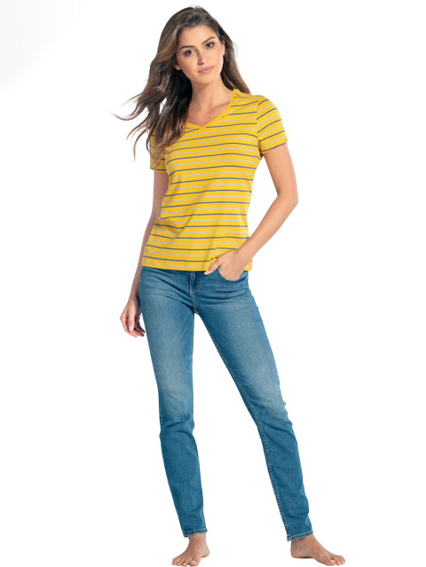 Women's Super Combed Cotton Elastane Stretch Regular Fit Yarn Dyed Striped V Neck Half Sleeve T-Shirt - Golden Rod