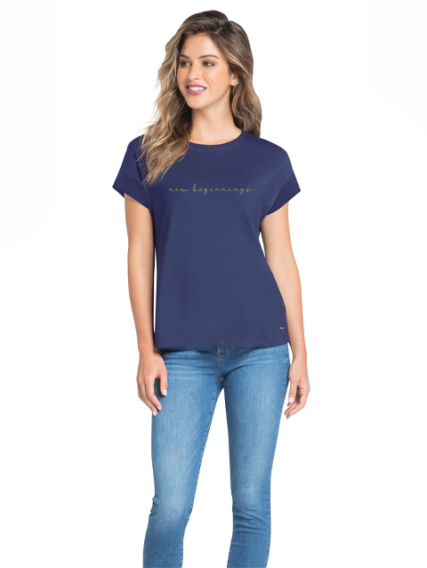 Women's Micro Modal Elastane Stretch Relaxed Fit Graphic Printed Round Neck Half Sleeve T-Shirt - Country Blue