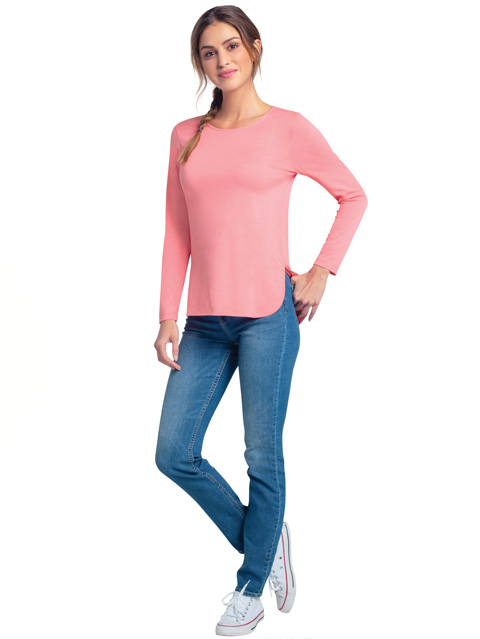 Women's Micro Modal Cotton Relaxed Fit Solid Round Neck Full Sleeve T-Shirt - Peach Blossom