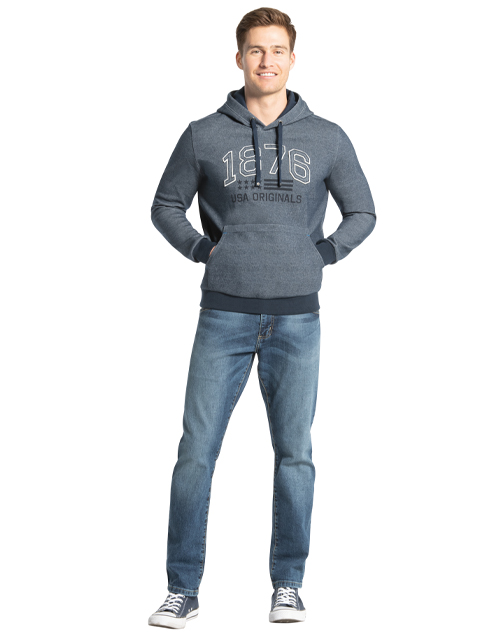 Men's Super Combed Cotton Rich Printed Hoodie Sweatshirt with Ribbed Cuffs and Side Pockets - Navy