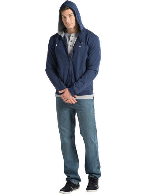 Men's Super Combed Cotton Rich Hoodie Jacket with Ribbed Cuffs and Convenient Side Pockets - Ink Blue Melange