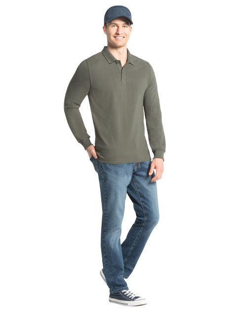 Men's Super Combed Cotton Rich Solid Full Sleeve Polo T-Shirt with Ribbed Cuffs - Deep Olive