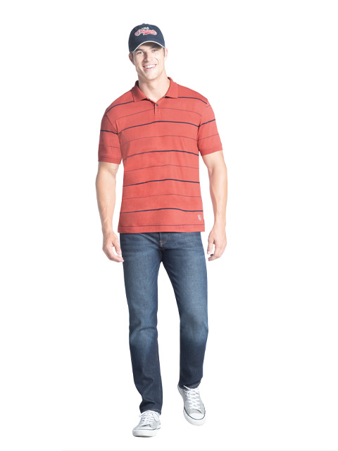 Men's Super Combed Cotton Rich Striped Half Sleeve Polo T-Shirt - Cinnabar/Navy