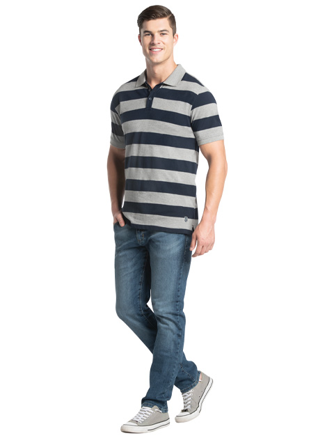 Men's Super Combed Cotton Rich Striped Polo T-Shirt - Grey Melange & Navy