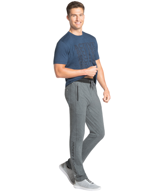 Men's Super Combed Cotton Rich Slim Fit Trackpants with Side and Back Pockets - Grey Melange & Black