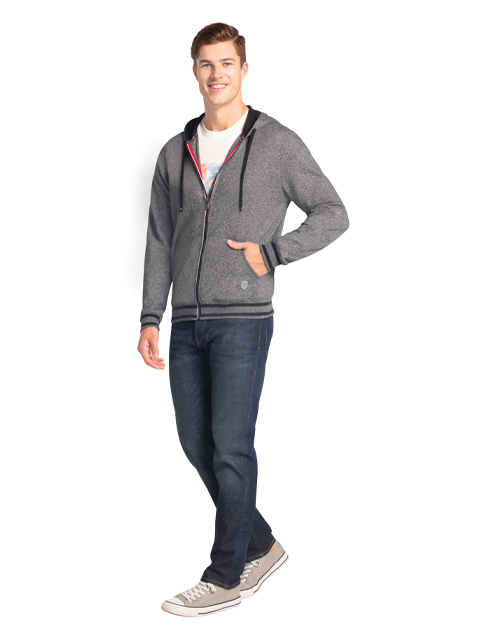 Men's Super Combed Cotton French Terry Hoodie Jacket with Ribbed Cuffs and Convenient Side Pockets - Black Grindle