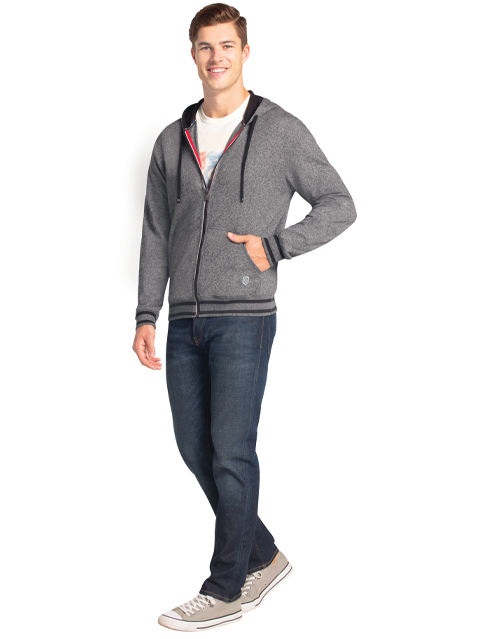 Men's Super Combed Cotton French Terry Hoodie Jacket with Ribbed Cuffs and Convenient Side Pockets - Black Grindle