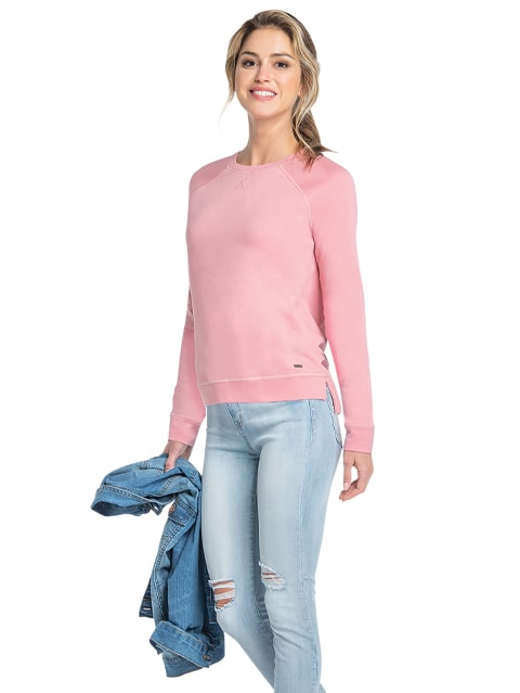 Women's Super Combed Cotton Rich French Terry Fabric Solid Sweatshirt with Raglan Sleeve Styling - Rhubarb