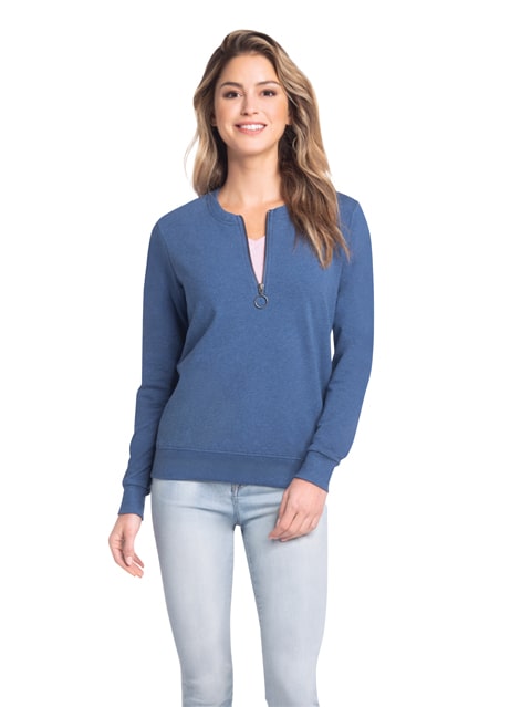 Women's Super Combed Cotton Elastane Stretch Melange Sweatshirt with Round Neck Half Zip - Light Grey Melange