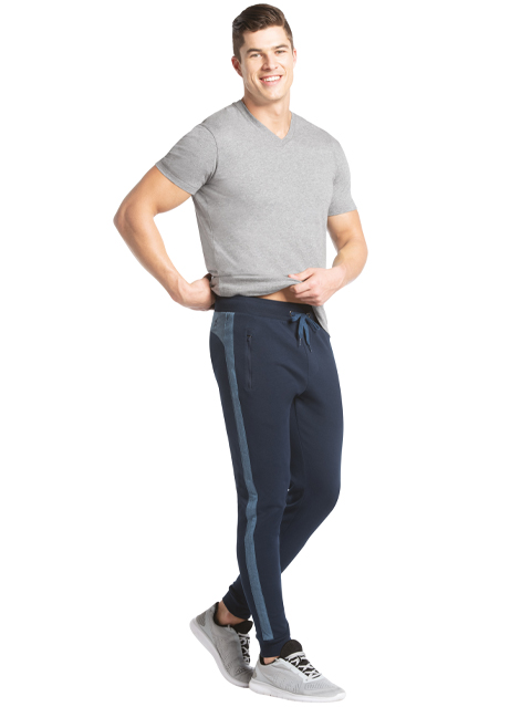 Men's Super Combed Cotton Rich Slim Fit Dual Tone Joggers with Zipper Pockets - Navy