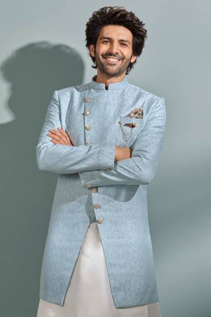 Mint Green Bead Embroidered Sherwani with Dupatta